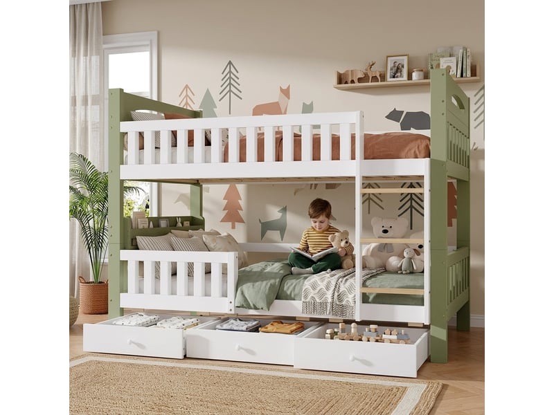 Lit superposé enfant 90 × 200 cm 2 places avec 3 tiroirs, échelle et étagère, sans matelas, en bois, blanc et vert - Conforama C