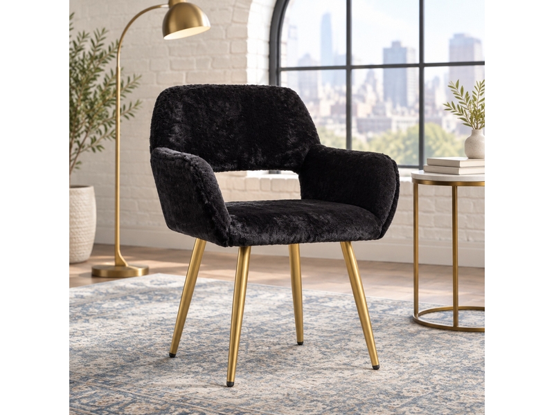  Fauteuil de salle à manger avec accoudoirs et dossier ajouré, fausse fourrure noir  - Conforama B