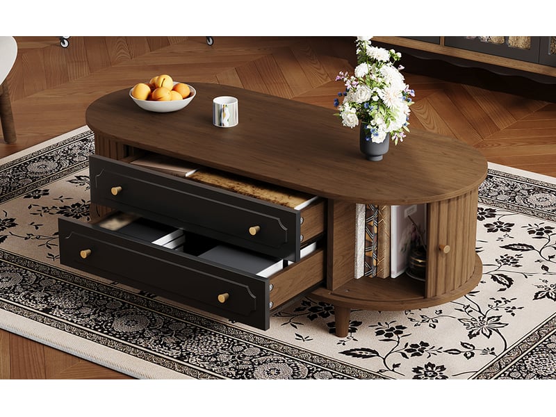  Table basse de salon couleur noyer avec 2 tiroirs et portes à rideau, 100x50x36 cm, panneau de particules, noir et noyer  - Conforama D