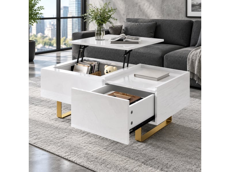  Table basse rectangulaire, avec plateau relevable hydraulique, tiroir et rangement caché, pour salon, mdf, blanc  - Conforama B
