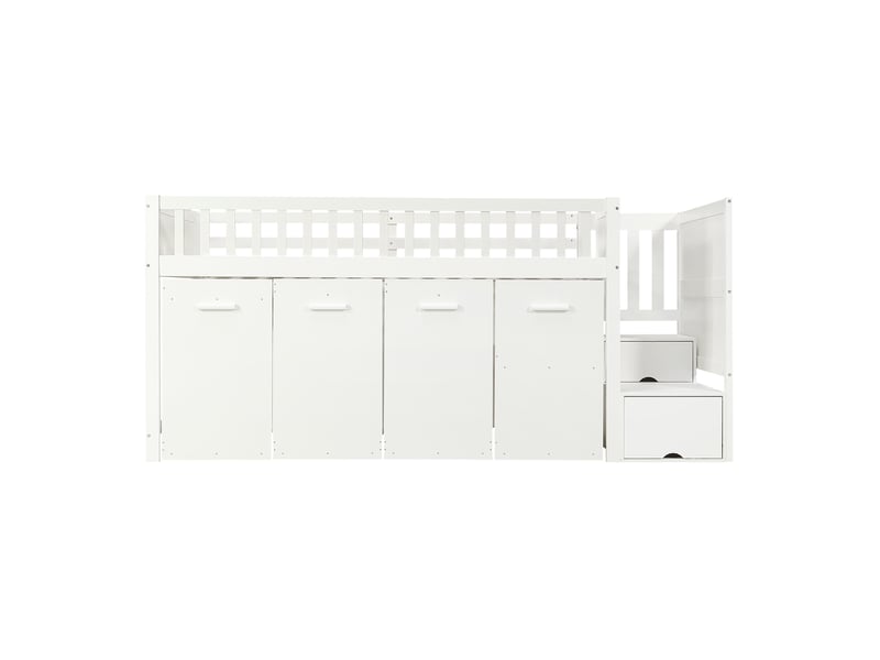  Lit mezzanine 90x200cm, lit enfant avec bureau extractible armoire, escalier de rangement, en bois de pin et mdf, blanc  - Conforama D