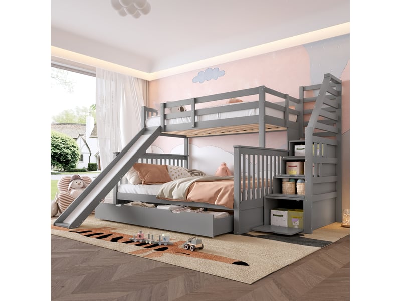  Modenvie lit superposé 90x200140x200 cm - avec toboggan et rangements - pour chambre d'enfant - gris  - Conforama D