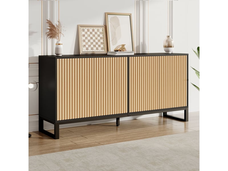 Buffet 4 portes battantes bahut espace de rangement étagères réglables en hauteur façade rainurée verticale corps noir  - Conforama B