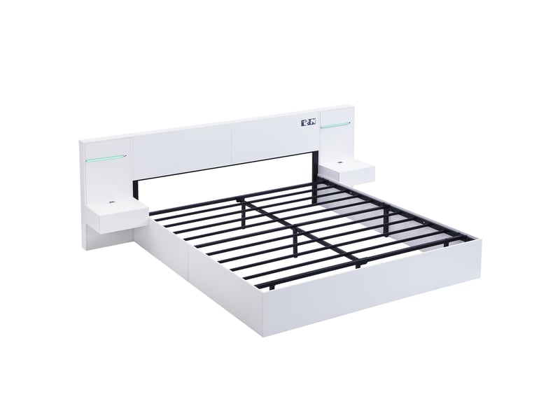  Lit double connecté 180 x 200 cm, ports usb, horloge intégrée, haut-parleurs bluetooth, éclairage led, chevets intégrés, pour la chambre, mdf, blanc ABC - Conforama A