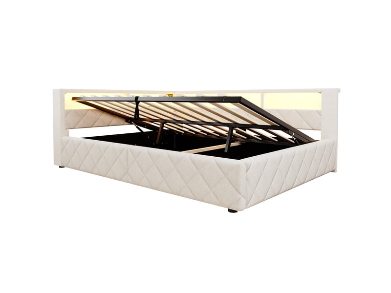 Lit banquette coffre 140 × 200 cm en lin beige, rangement hydraulique, led, usb et niche ouverte Fay Lum - Conforama E