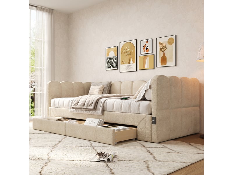  Lit rembourré 90x200 cm, lit de jour avec 2 tiroirs de rangement, canapé-lit a extensible à 180 cm, chenille beige, avec prise usb  - Conforama A