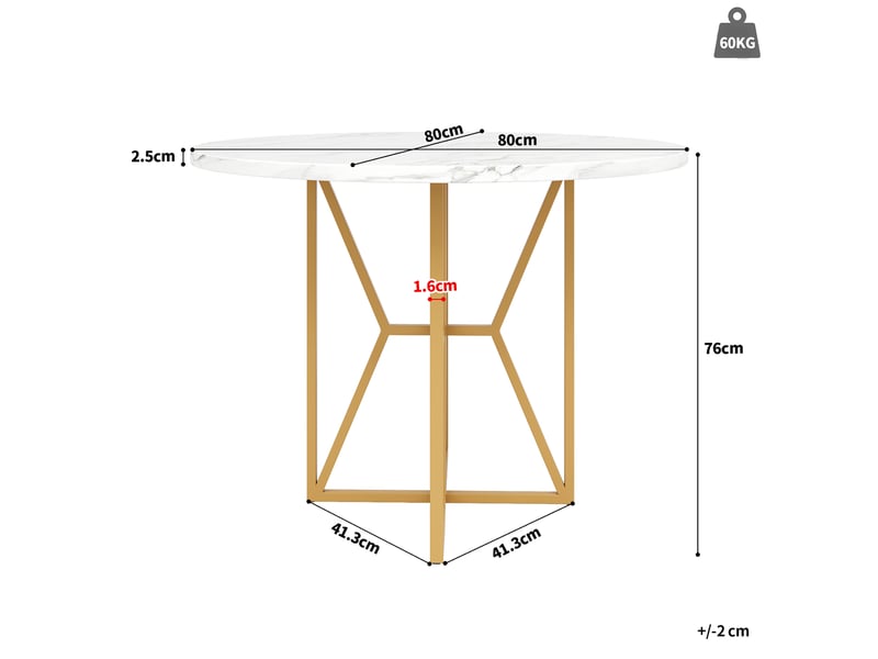  Table à manger ronde 80 x 80 x 76 cm, plateau mdf marbré, pieds dorés réglables  - Conforama C