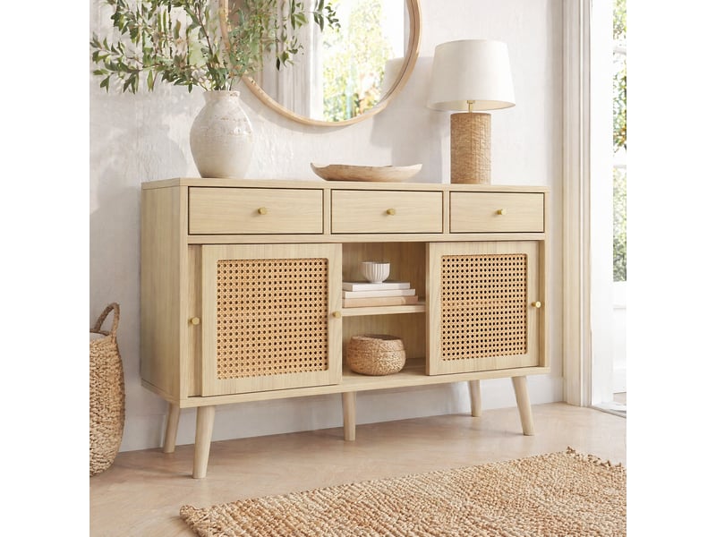  Buffet avec 3 tiroirs et 3 portes coulissantes en mdf, étagères réglables, 120×40×78 cm chêne  - Conforama B