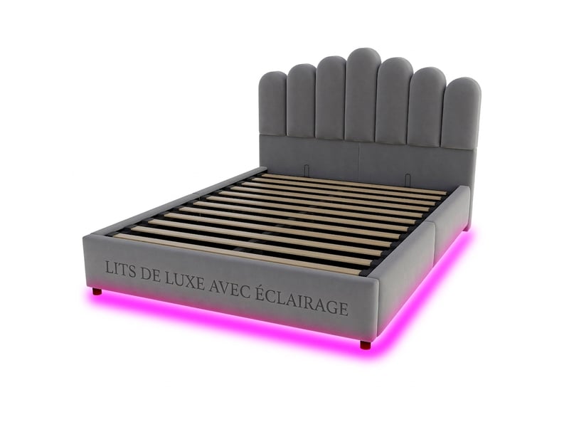  Lit coffre 140x200 velours gris avec tête de lit capitonnée et éclairage led sans matelas  - Conforama E
