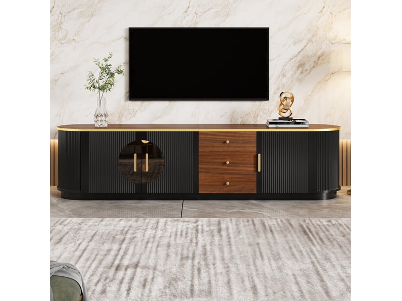  Meuble tv modenvie 180 x 40 x 46 cm 3 tiroirs 3 portes mdf noir verre brun  - Conforama B