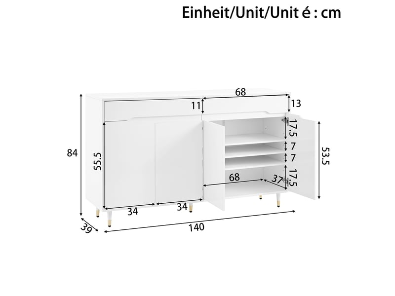  Buffet blanc, 2 tiroirs, 2 portes, rangement, fermeture douce, étagères réglables - panneaux de particules - 140x39x84cm  - Conforama E