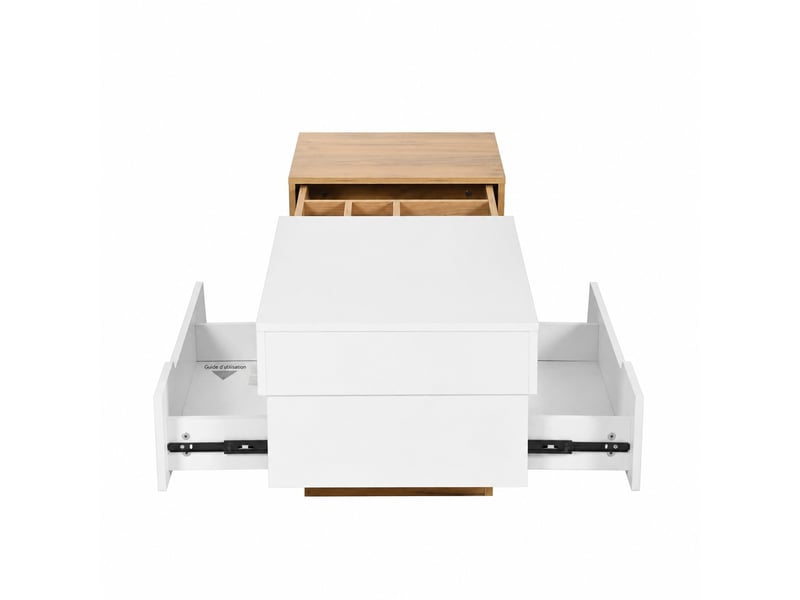  Table basse coulissante blanche et bois avec rangement, 120 x 50 x 37,5 cm  - Conforama D