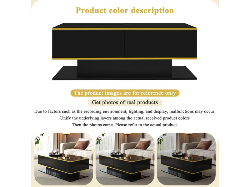  Table basse led avec 3 tiroirs et niche pour salon 100×50×40 cm en panneaux de particules noir et doré  - Conforama C