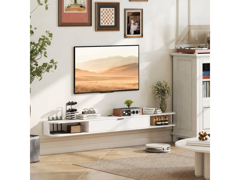  Meuble tv suspendu blanc pour téléviseur jusqu'à 75 pouces, abattant et 2 étagères, 180 x 24 x 16 cm  - Conforama B