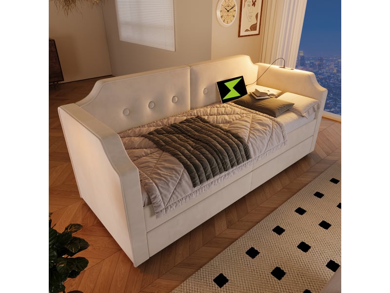 Canapé lit 90x200cm, lit adulte, lit 1 place avec tête de lit, 2 tiroirs de rangement et sommier, charge, velours beige, sans matelas - Conforama C