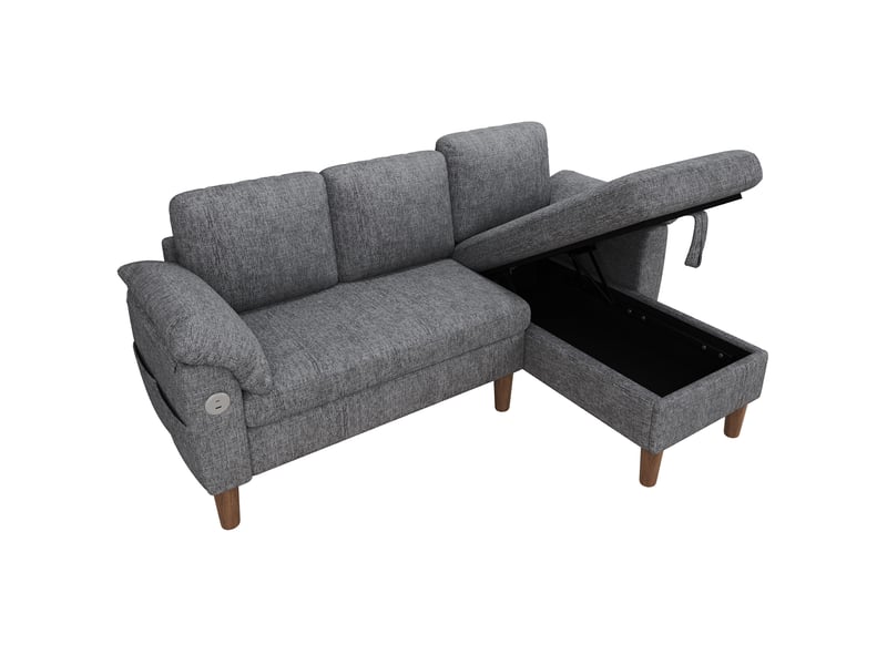  Canapé d'angle réversible 3 places avec coffre, ports usb et type-c, poches latérales en chenille gris clair  - Conforama A