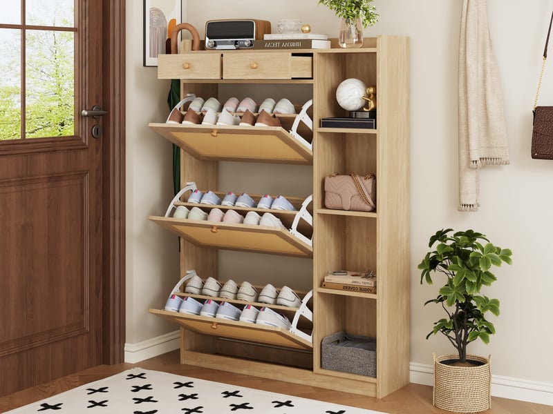  Meuble à chaussures, armoire fine en rotin, 3 abattants, tablettes ajustables, 2 tiroirs, espaces latéraux ouverts, 90x24x130 cm, finition rotin naturel  - Conforama B