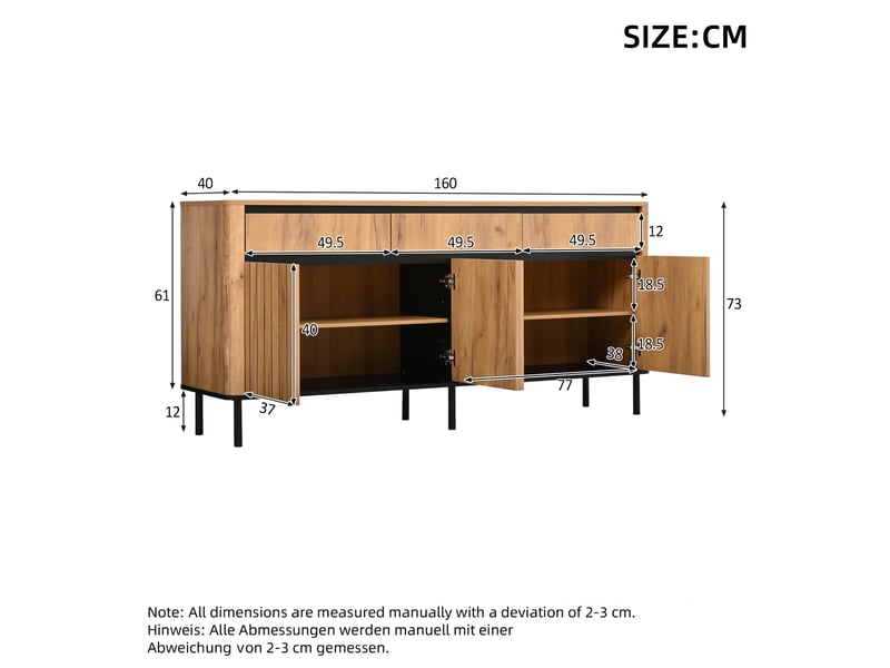 Buffet bas 160x40x73 cm,3 portes à lamelles,3 tiroirs,6 pieds en métal,bords arrondis,mdf effet chêne,salon salle à manger - Conforama E