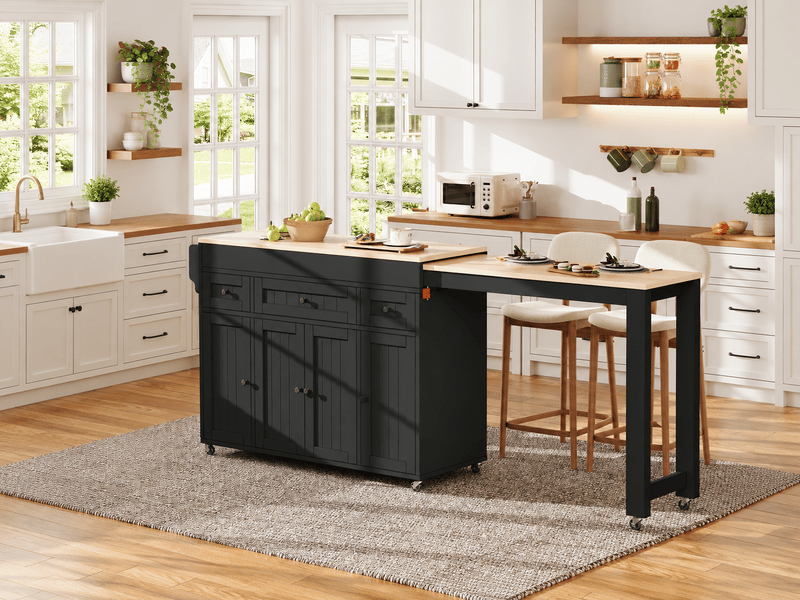  Îlot de cuisine extensible, table coulissante, 4 portes, 3 tiroirs, étagères réglables, roulettes, noir et bois  - Conforama B
