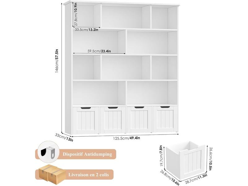  Meuble de rangement enfant bibliothèque enfant avec 11 étagères 4 tiroirs roulants rangement jouet 125.5x33x146cm blanc  - Conforama C