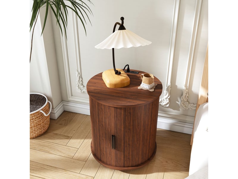 Table de chevet - 60x60x60cm - bout de canapé cylindrique mid-century en mdf avec station de charge - noyer - marron - Conforama C