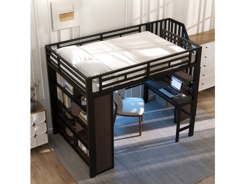  Lit mezzanine 140x200 cm avec bureau, rangements et led coloris noir  - Conforama D