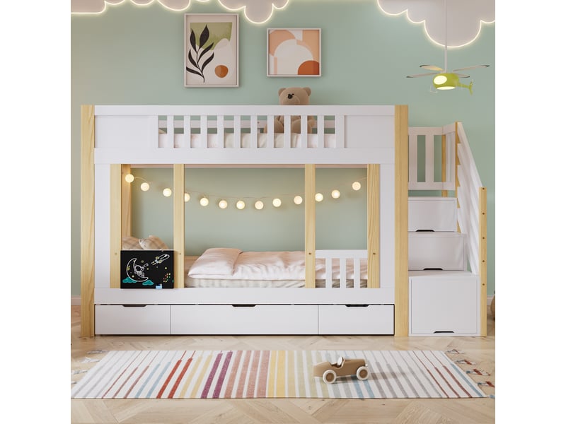  Lit superposé 90x200 cm, lit enfant avec escalier de rangement, 3 tiroirs sur roulettes et petit tableau noir, en bois de pin massif et mdf, blanc  - Conforama C