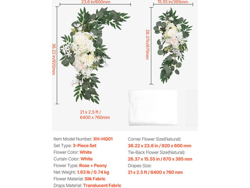  Mophorn kit de fleurs artificielles pour arche de mariage, arche de mariage blanche avec rideaux, 2 compositions florales, 1 rideau transparent  - Conforama B