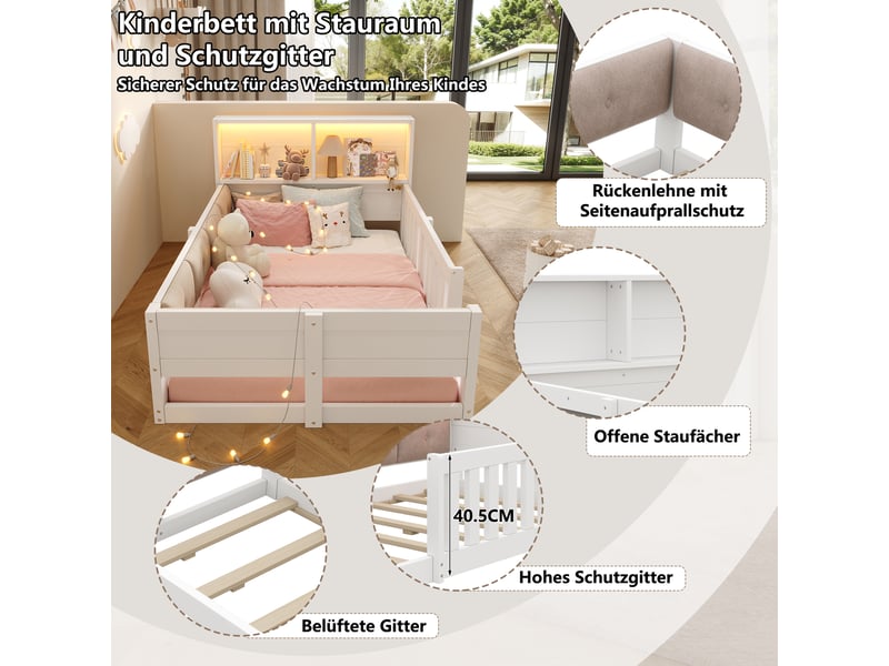  Lit enfant simple 90×200 cm avec barrières, led réglable et étagères - okmyhome- blanc, sans matelas  - Conforama E