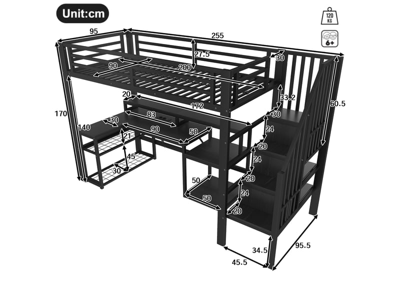 Lit mezzanine 90x200 cm avec bureau, led, usb et rangements noir  - Conforama C