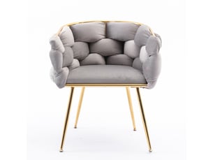Fauteuil d'appoint avec accoudoirs, assise rembourrée et dossier mi-hauteur, structure en métal doré et velours gris