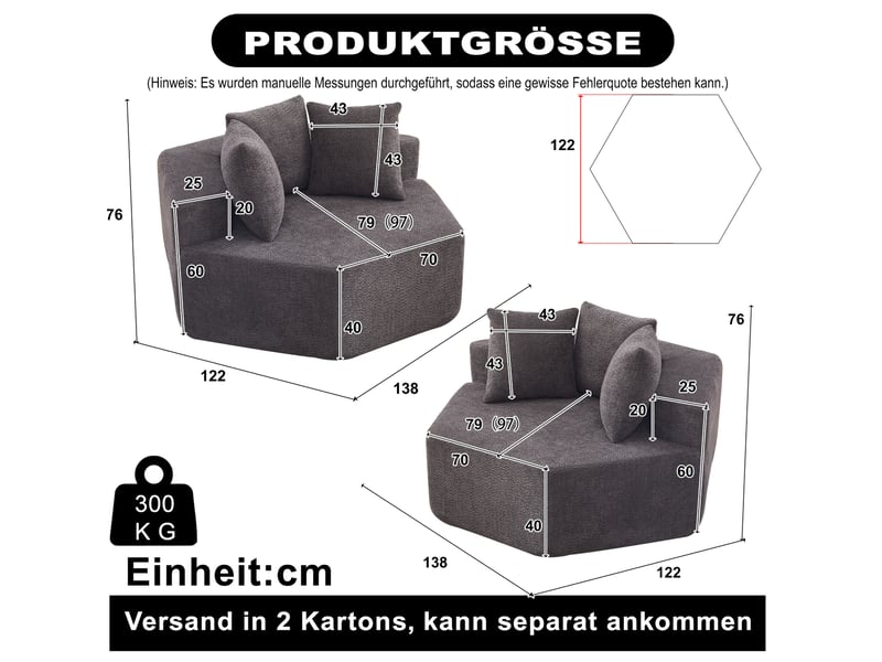  Fauteuil modulable hexagonal avec design modulaire et 3 coussins, en chenille mousse à ressort gris  - Conforama D