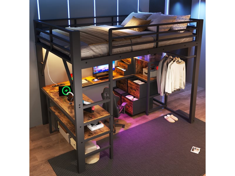 Lit mezzanine 140x200 cm en métal design gaming avec bureau d'angle, 7 tiroirs en tissu, led, prises eu et portant marron vintage et noir  - Conforama E