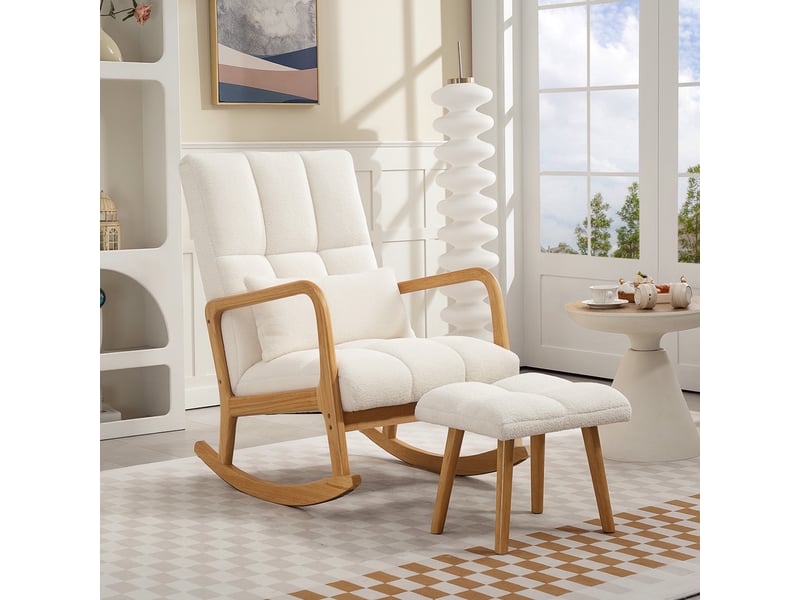 Fauteuil à bascule avec repose-pieds, revêtement polaire, dossier haut, pieds en bois, patins de protection, blanc - Conforama D