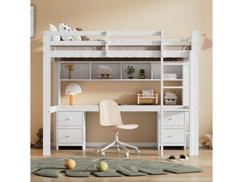 Lit mezzanine enfant 90 × 200 cm 1 place avec bureau, 4 tiroirs et 4 étagères, sans matelas, en pin, blanc - Conforama E