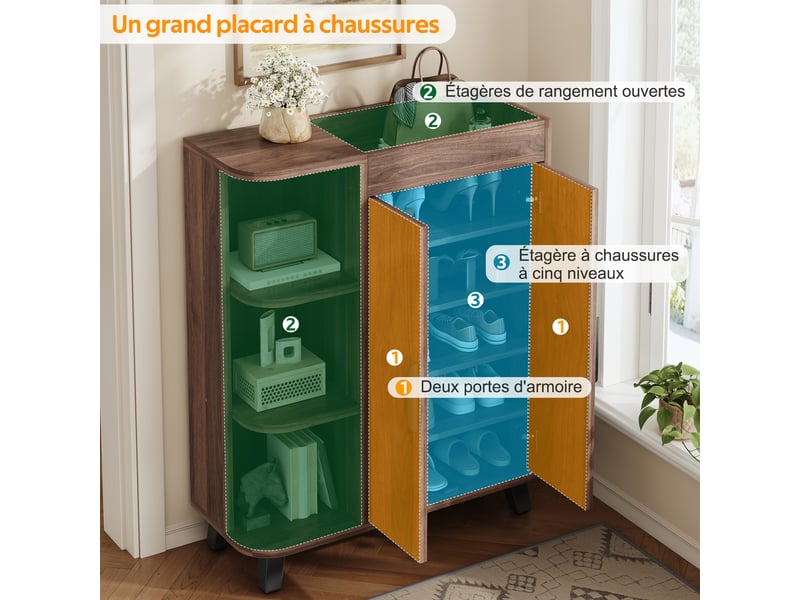  Meuble à chaussures avec 2 portes et niches ouvertes, plateau supérieur pour entrée, en panneaux, 80×32×99 cm, noyer  - Conforama E