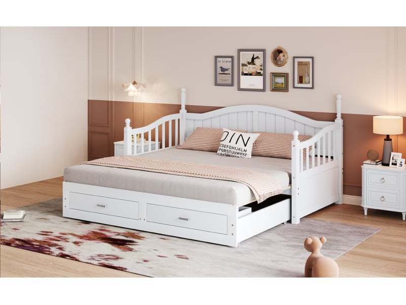  Lit gigogne 2 places 90180x190 cm, canapé-lit convertible en bois massif avec tiroirs et sommier, lit double en pin, blanc  - Conforama W