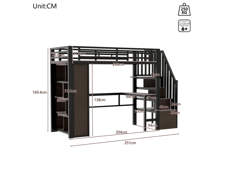  Lit mezzanine 90x200 cm avec bureau, rangements et led, noir  - Conforama C