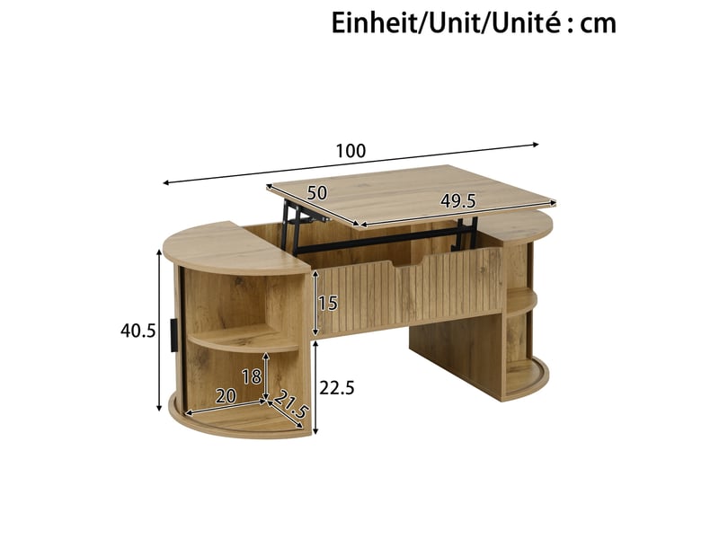  Table basse moderne à hauteur réglable, idéale pour le salon, avec étagères ouvertes et rangements dissimulés, portes coulissantes, parfaite pour les petits appartements et les bureaux à domicile.  - Conforama C