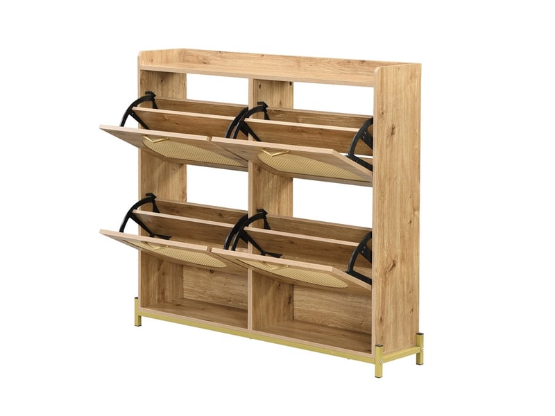  Meuble à chaussures 108.5x24x100cm - meuble d'entrée 4 portes en rotin arqué avec étagère et cadre métal - chêne  - Conforama A