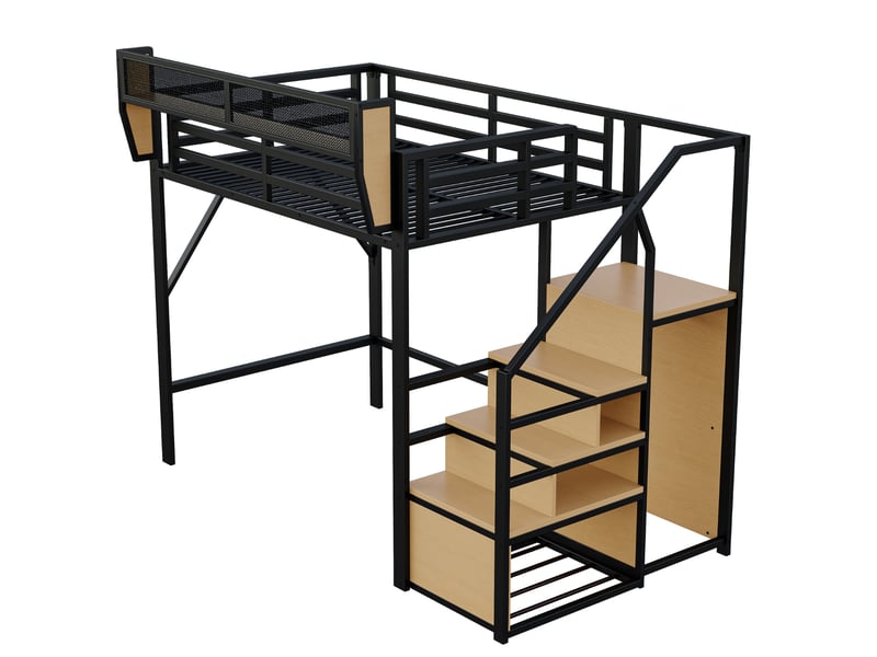  Lit mezzanine 140x200 cm avec échelle sécurisée et rangement modulable noir  - Conforama E
