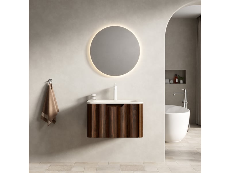 Meuble sous vasque avec tiroir led et vasque intégrée en pierre frittée pour salle de bain, beige et noyer, 68×54×49 cm - Conforama C
