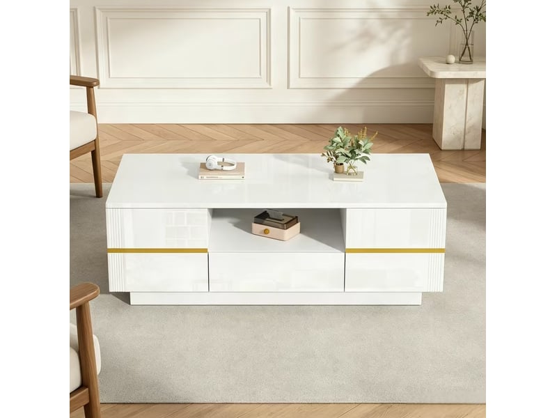  Table basse 100x50x35,5 cm avec led et tiroir blanc et doré  - Conforama D