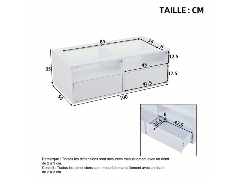  Table basse led blanche, verre trempé, 2 tiroirs et 2 niches, 100 x 50 x 35 cm, blanc  - Conforama E