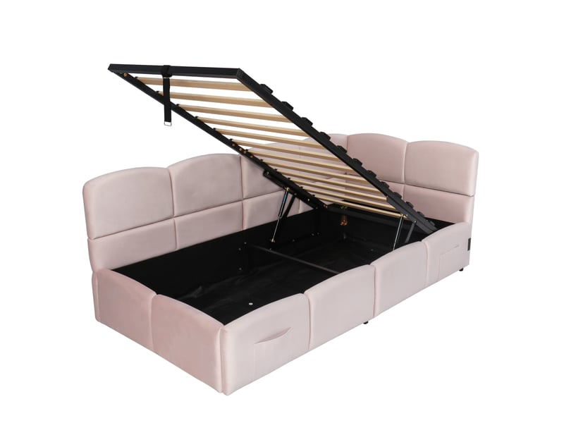  Lit banquette coffre 90x200 cm en velours rose avec usb et rangements  - Conforama E