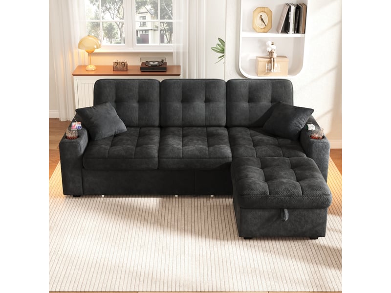 Canapé d’angle 3 places en chenille 194,5x133x83 cm, avec usb-c et led, porte-gobelets, rangements latéraux, 2 tiroirs et pouf coffre, noir - Conforama D