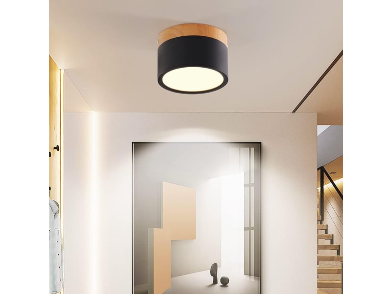  Plafonnier led rond en bois, spot en saillie décoratif, noir, blanc chaud 3000,12 w  - Conforama B