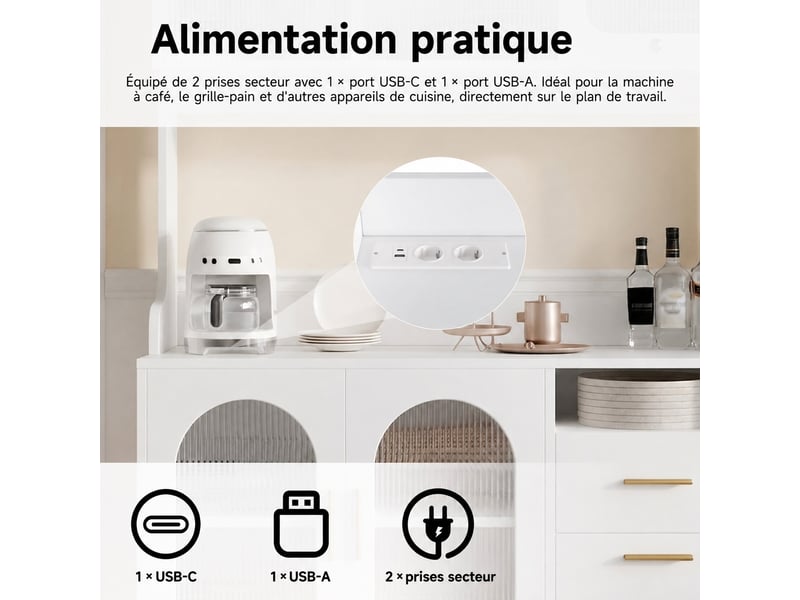 Meuble de cuisine muvano, buffet haut blanc avec prises et ports usb, 120 × 40 × 178 cm - Conforama R
