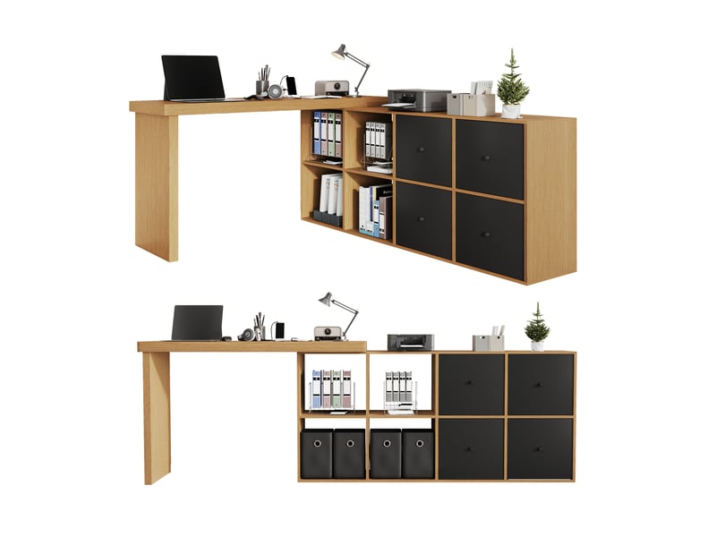  Bureau d'angle pivotant 360 en l, bureau informatique modulable avec 4 tiroirs et compartiments, plateau renforcé de 4 cm, noir et chêne  - Conforama E