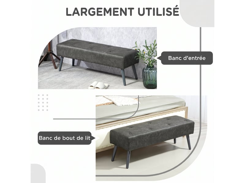  Banc bout de lit capitonné en synthétique et bois massif gris 114 x 38 x 42 cm  - Conforama D